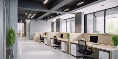 Modern office space with tables and chairs, computers, wooden plank table Generative AI AIG18.